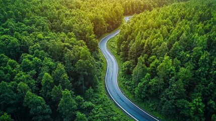 Fototapeta premium Scenic Aerial View of Winding Road Through Lush Green Forest Landscape at Sunset