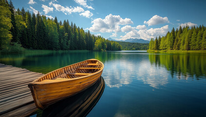 Obraz premium Serene wooden boat gently floating on calm lake waters surrounded by lush green forest in bright daylight