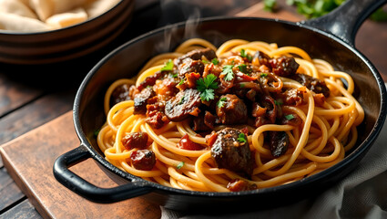 Taste pasta Bolognese with cheese and basil, Hungarian goulash pasta delicious dish on table