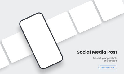 Cellphone With Blank Square Social Media Posts Templates. Vector Illustration