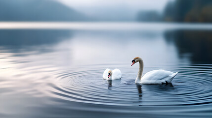 Fototapeta premium Two swans glide across still misty lake surrounded by mountains, ideal for romantic-themed prints, calm branding and travel posters. Selective focus