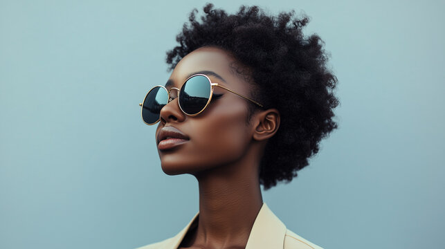 Stylish African American woman in sunglasses and beige jacket, exuding confidence and modern elegance