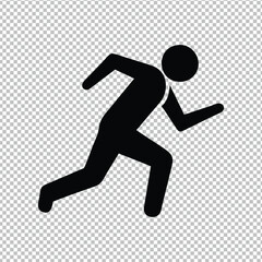 Minimalist running figure, black silhouette, stick figure in motion, dynamic pose, simple geometric shape, icon design, transparent background, high contrast, athletic symbol, universal signage style