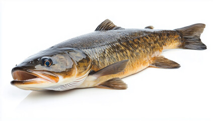 Fototapeta premium Large freshwater fish with a shimmering body resting on a clean surface, showcasing vibrant scales and powerful fins
