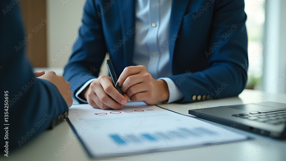 Poster flat quality check businessman makes a checklist assessment and questionnaire businessman using smar