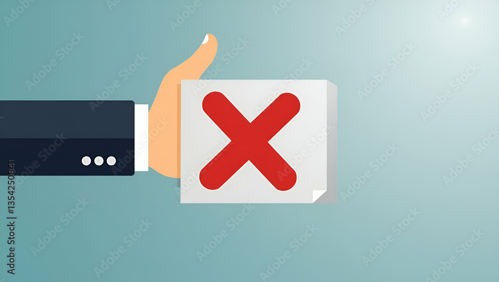 Poster flat hand pushing red cross mark: symbolizing approval and rejection in business documents - a cute 