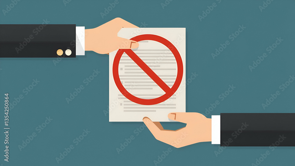 Poster flat hand pushing red cross mark to cancel item symbolizing approval and rejection of business docum