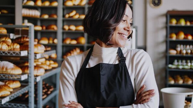 Confident baker in apron stands with arms crossed in front of bread shelves. Medium close-up angle, perfect for a promotional video on baking.