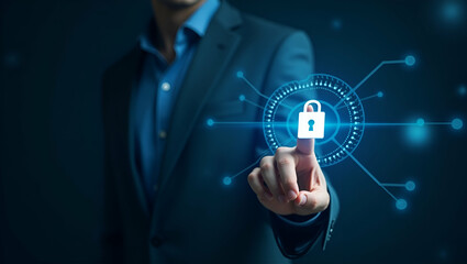 Enhance Your Business Cyber Security: A Flat Illustration of a Hand Clicking a Virtual Security Icon for Data Protection and Privacy in Networking Technology