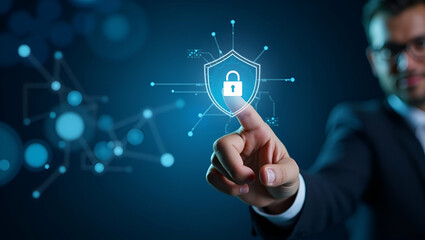 Enhancing Cyber Security: Business Hand Clicks Virtual Security Icon for Data Protection