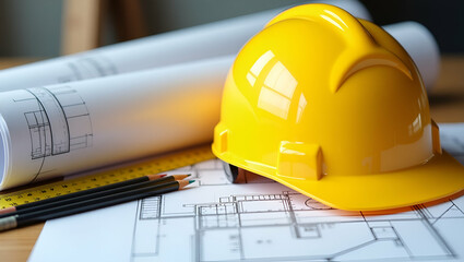 Flat Yellow hard safety helmet with architectural blueprints rolls pencils pens ruler protractor tape measure on table at construction site symbolizing safety and planning. concept as Yellow hard safe
