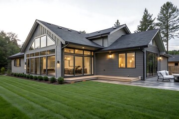 A gray ranch style model Hedges around modern house