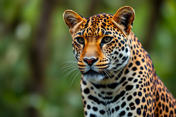 Obraz premium Fierce Angry Leopard with Sharp Focus, Displaying Its Intense Gaze Against a Blurred Bokeh Background, Vibrant Wallpaper