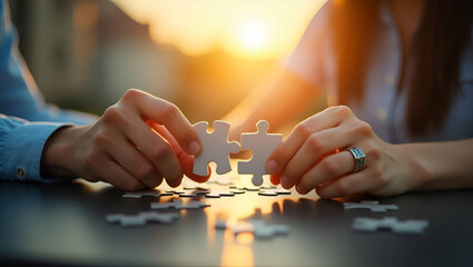 Empowering Business Solutions: Woman Connecting Jigsaw Puzzle Pieces