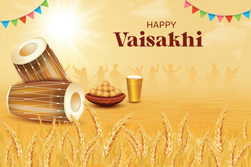 Vaisakhi Festival Celebration With Drums, Wheat Field, Lassi and Silhouette Of Punjabi People Dancing On Yellow Sky Color Background. Indian Ethnic Festive Sale Theme Concept Vector Illustration.