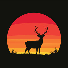 Deer silhouette in the sunset with antlers in a peaceful nature landscape