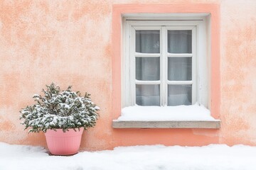 Snowy window on pink wall with plant in pink pot. Perfect for Christmas themes, winter greeting card, or blog posts.