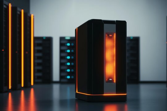a row of servers with a digital display and orange lighting in a modern data center - Powered by Adobe