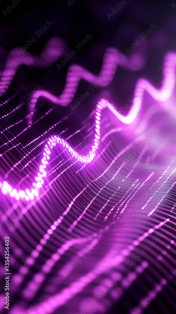 Poster abstract purple waveform, glowing lines create a dynamic, energetic texture, suggesting technologica