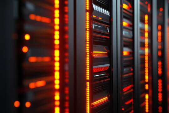 a row of servers with a digital display and orange lighting in a modern data center - Powered by Adobe