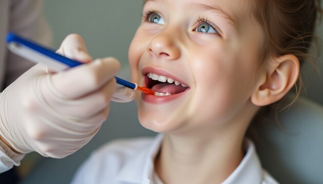 A close up shot of a dentist applying flavored dental sealant to a child's tooth, with the sealant's texture and the child's calm expression clearly visible.