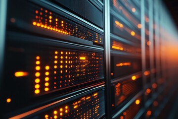 a row of servers with a digital display and orange lighting in a modern data center