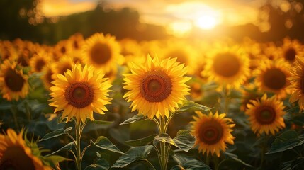 Obraz premium Sunlit Sunflower Field at Golden Hour Sunset
