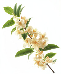 Obraz premium Branch of Wrightia with cream flowers and green leaves on white background