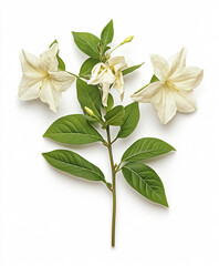 Fototapeta premium White Wrightia flowers with green leaves on white background