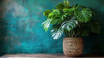 Monstera Deliciosa Houseplant in a Decorative Woven Pot