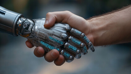 Human and robotic hands unite in a gesture of connection and cooperation during a technological exhibition in the year 2023