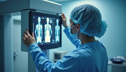 Zoomed in shot of a radiology technician adjusting an X ray machine.