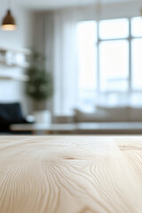 Light wood grain table and blurred living room
