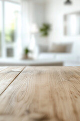 Light wooden table with blurred living room background