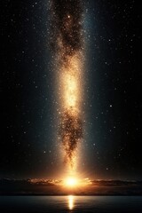 A bright star against a dark starry sky cut through by the Milky Way. Solar flare