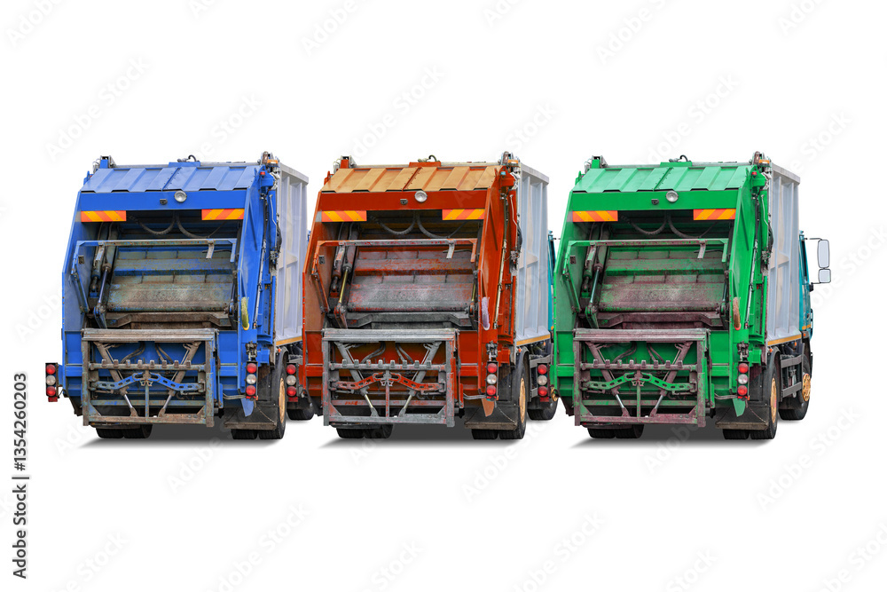 Fototapete three garbage trucks of different colors parked side by side isolated for design. separate collectio