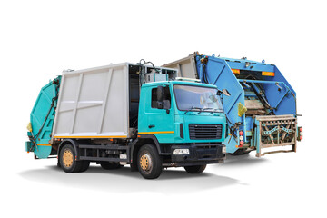 Two garbage trucks isolated for design, preparing to pick up trash in the city. Removal of...