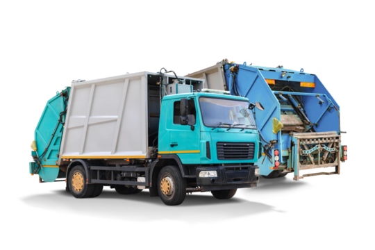 Two garbage trucks isolated for design, preparing to pick up trash in the city. Removal of household and industrial waste.