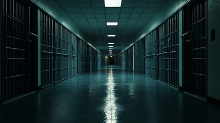 A dimly lit prison corridor lined with heavy metal-barred doors, the floor reflecting the flickering fluorescent lights overhead