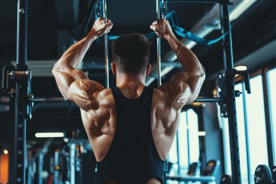 Strong man works out at gym flexing muscles, building body with exercise equipment, overhead, physical challenge. - Powered by Adobe