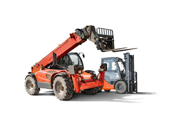 Telescopic handler and forklift, on isolated background, available for rent, suitable for...