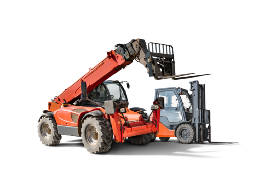 Telescopic handler and forklift, on isolated background, available for rent, suitable for construction and industrial applications. Construction equipment.