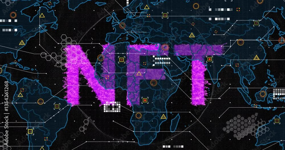Aufkleber animation of digital world map with purple nft text and network connections