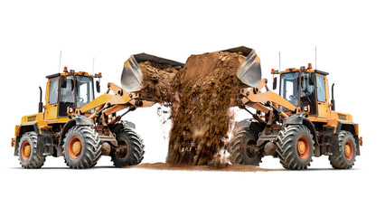 Two large loaders work in concert on a construction site, moving and reshaping soil to prepare the...