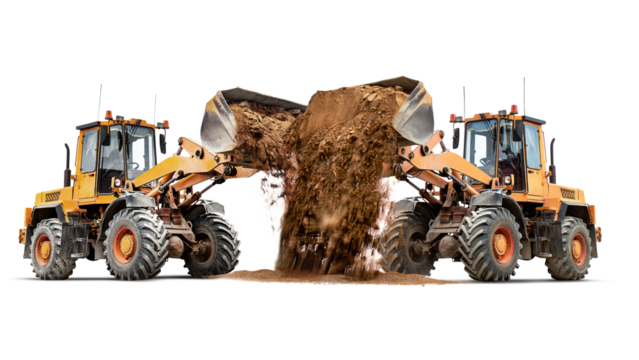 Two large loaders work in concert on a construction site, moving and reshaping soil to prepare the area for future construction work.