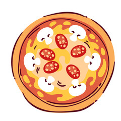 Whole cartoon pizza, top view. Funny round pizza with slices of salami and mushrooms, tomato sauce and melted cheese, crust. Fast food menu mascot, delicious cartoon snack vector illustration