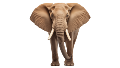 Elephant standing front-facing with large ears, prominent tusks, and a long trunk against a plain white background
