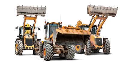 Three types of construction equipment are shown separately, Loaders demonstrate their robust design and lifting capacity for use in rental on various projects.