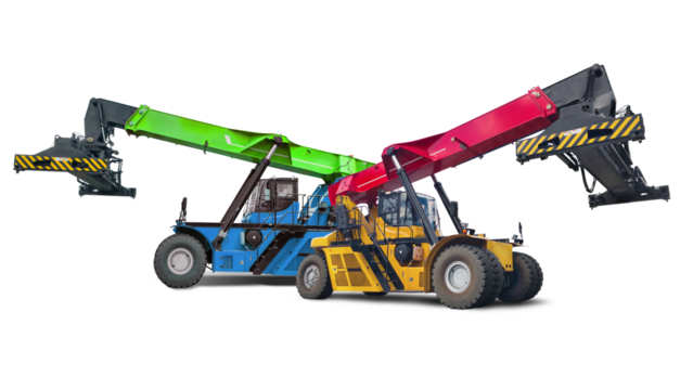 Two heavy-duty reach stacker loaders for loading sea containers. Isolated for design.