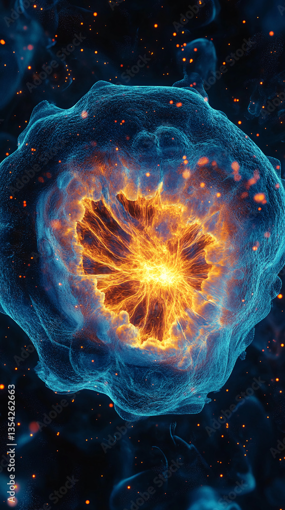 Poster abstract image of a blue sphere containing an inner orange flame, surrounded by dark space and spark